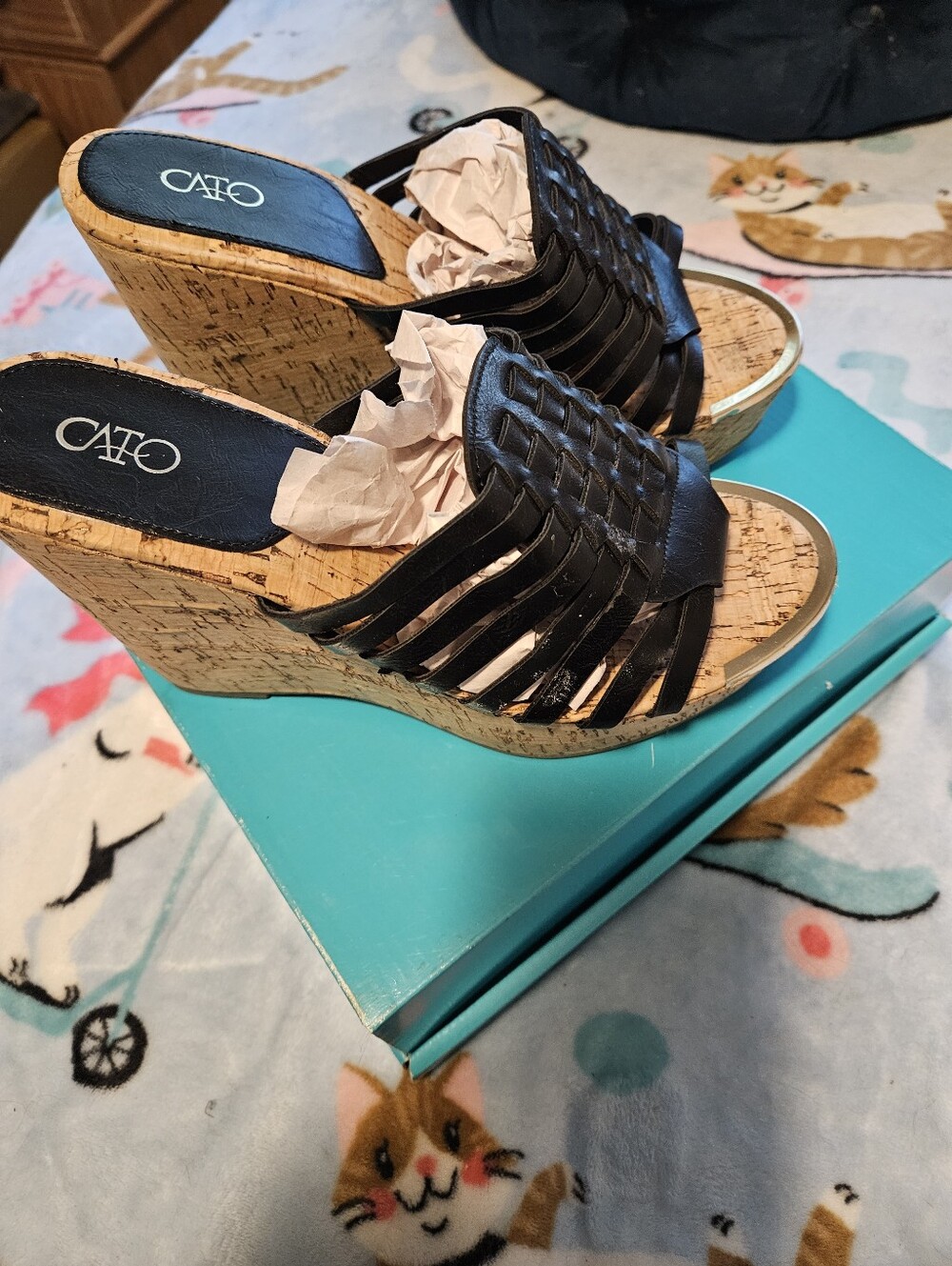 BRAND NEW ** Cato Black Woven Leather Cork Wedge Sandals